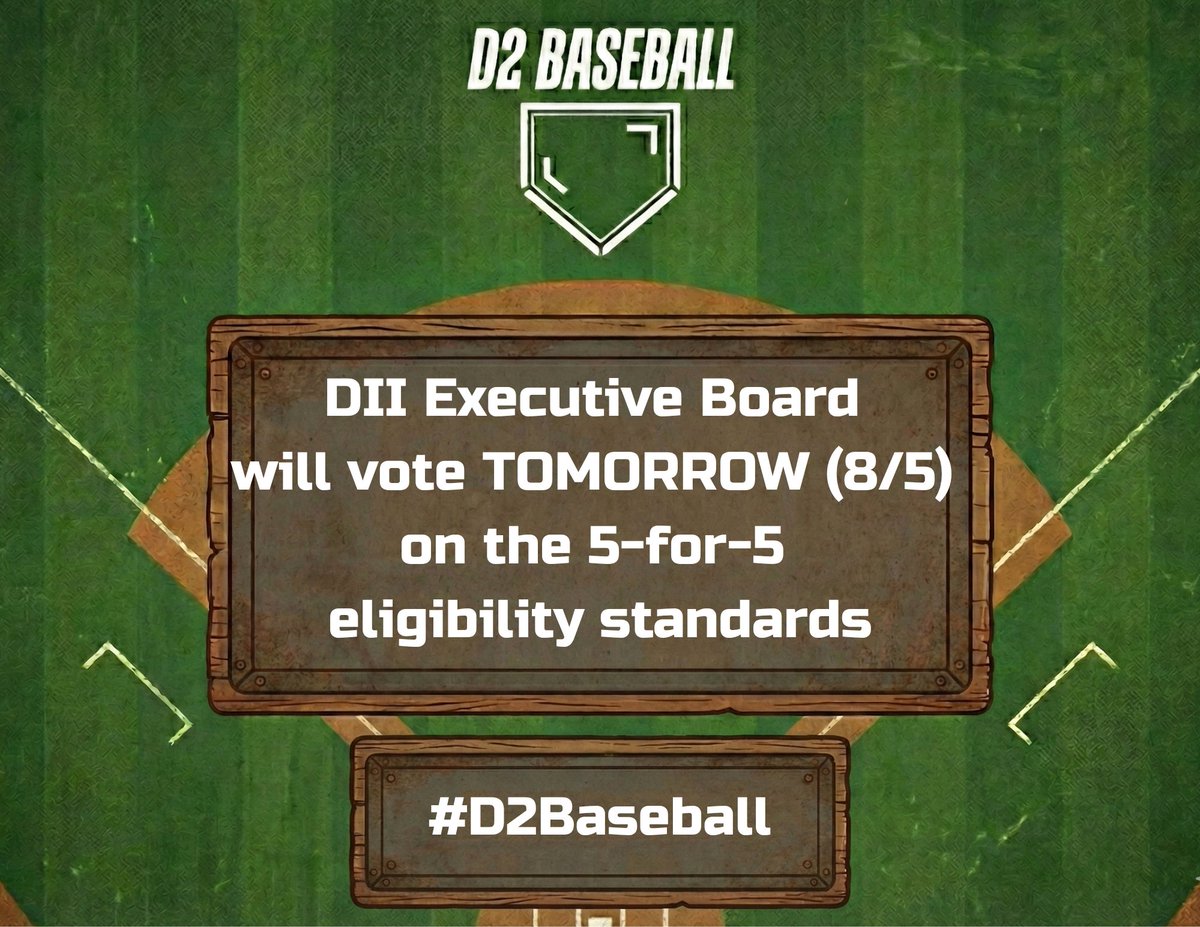 divIIbaseball's tweet photo. Tomorrow (8/5) the DII Executive Board will vote on whether or not the five seasons of competition will be approved at the Division II level (five years to play five seasons).

If approved, the change would immediately go into effect.

#D2Baseball https://t.co/sNI4PdNCCA