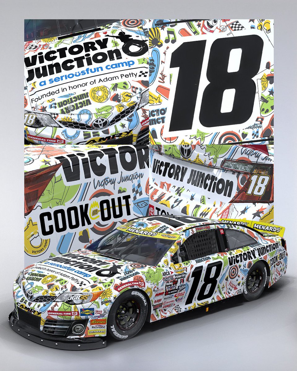 JoeGibbsRacing's tweet photo. 🚨 NEW SCHEME 🚨 

With @CookOut’s full support, @VictoryJunction will serve as the primary sponsor of @TyGibbs’ No. 54 Toyota at Richmond Raceway on August 15th. A similar Victory Junction scheme will run on @madmaxreaves’ No. 18 Toyota for three straight races in the ARCA series beginning at Iowa this weekend.