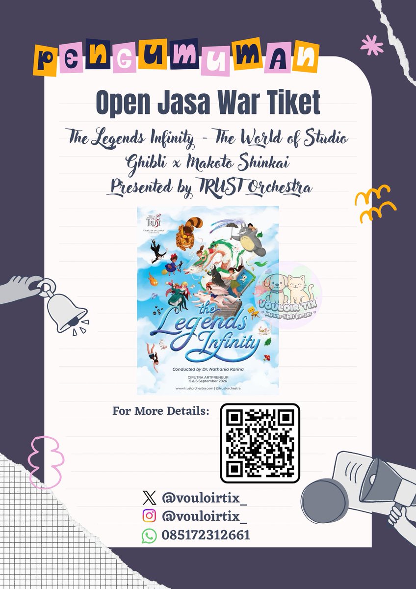 Vouloirtix_'s tweet photo. OPEN JASA WAR (JASWAR) TIKET THE LEGENDS INFINITY - THE WORLD OF STUDIO GHIBLI X MAKOTO SHINKAI

🌟 Fee Bookslot : 50K 🌟

✅ Self Payment
✅ Pay Fee After Secured
✅ Pakai Data Sendiri

🔗 https://t.co/OfmPYPZOiJ

‼️VERY LIMITED SLOT‼️
#TRUSTOrchestra #TheLegendsInfinity https://t.co/AqQUqnqJfc