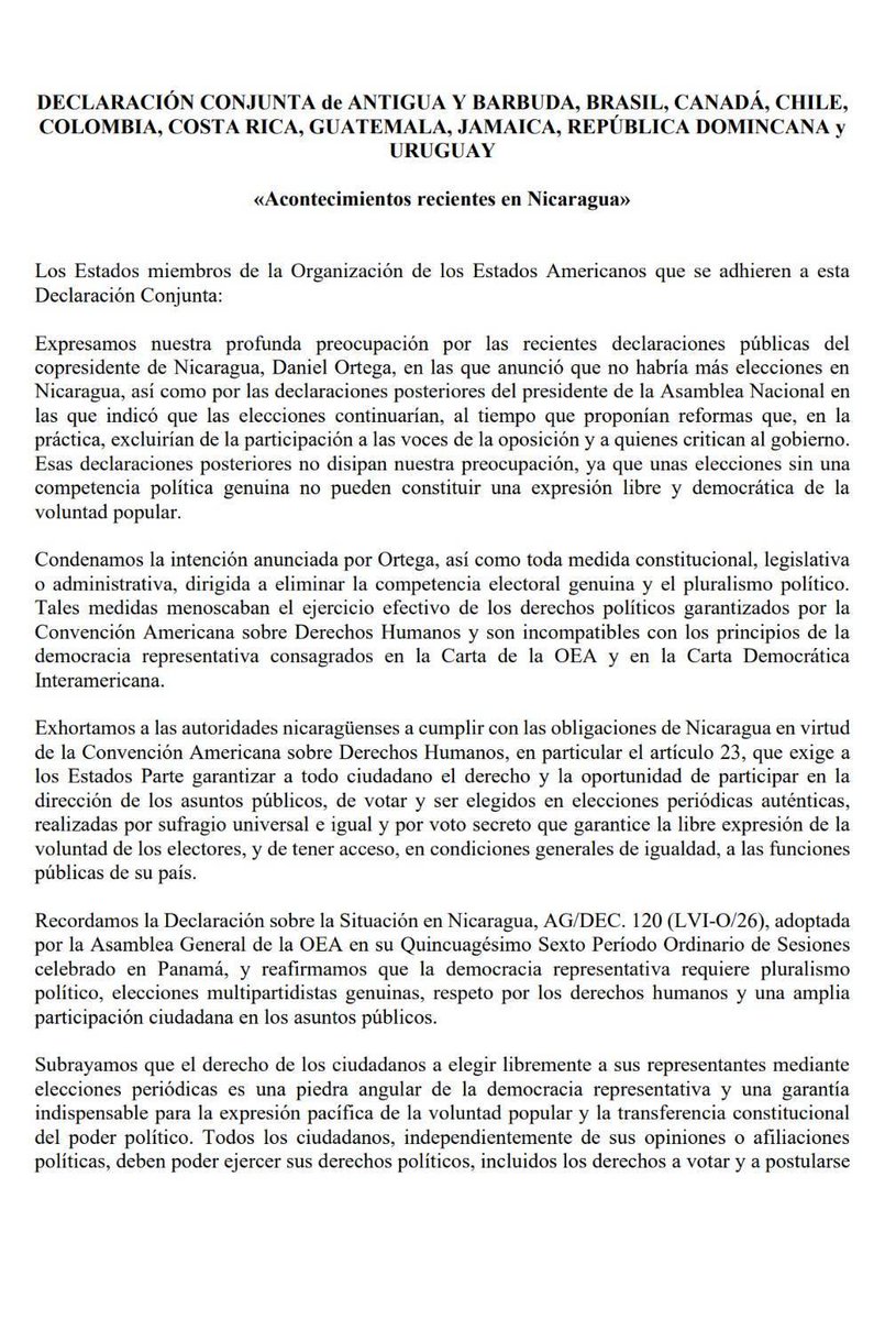 azucenau's tweet photo. 🔴Diez países de la OEA expresaron su preocupación por la situación política en Nicaragua y rechazaron las recientes declaraciones de Daniel Ortega sobre el futuro de las elecciones en el país.

En una declaración conjunta, Antigua y Barbuda, Brasil, Canadá, Chile, Colombia, Costa Rica, Guatemala, Jamaica, República Dominicana y Uruguay advirtieron que cualquier medida que limite la competencia electoral y excluya a la oposición vulnera los principios democráticos y los derechos políticos. 

Asimismo, exhortaron al gobierno nicaragüense a garantizar elecciones libres, auténticas y multipartidistas, y reiteraron su llamado a retomar el diálogo con los mecanismos interamericanos e internacionales de derechos humanos.