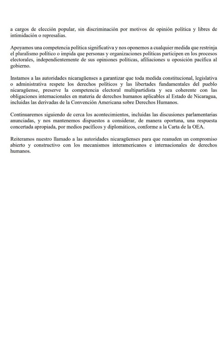 azucenau's tweet photo. 🔴Diez países de la OEA expresaron su preocupación por la situación política en Nicaragua y rechazaron las recientes declaraciones de Daniel Ortega sobre el futuro de las elecciones en el país.

En una declaración conjunta, Antigua y Barbuda, Brasil, Canadá, Chile, Colombia, Costa Rica, Guatemala, Jamaica, República Dominicana y Uruguay advirtieron que cualquier medida que limite la competencia electoral y excluya a la oposición vulnera los principios democráticos y los derechos políticos. 

Asimismo, exhortaron al gobierno nicaragüense a garantizar elecciones libres, auténticas y multipartidistas, y reiteraron su llamado a retomar el diálogo con los mecanismos interamericanos e internacionales de derechos humanos.