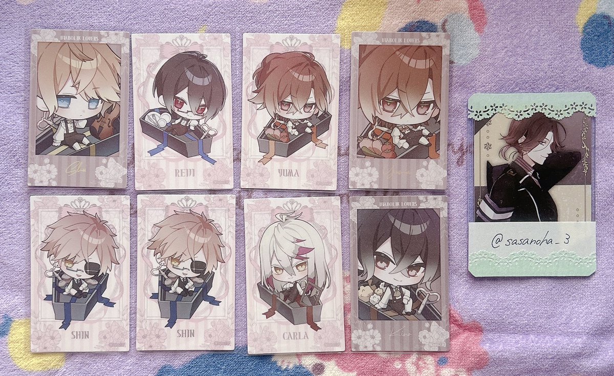 sasanoha___3's tweet photo. 【交換】
DIABOLIK LOVERS ちびっこヴァンパイア だーりんこれくしょん ポラ風ラメカード ポラカ ディアラバ
「譲」
シュウ レイジ ユーマ カルラ シン キノ

「求」
引き：ライト (薄ピンク枠のもの)
>リチェリ柄：ライト
>異種：ライト

検索からもお気軽にお声がけいただけますと幸いです🌼 https://t.co/oUzXqwczdR