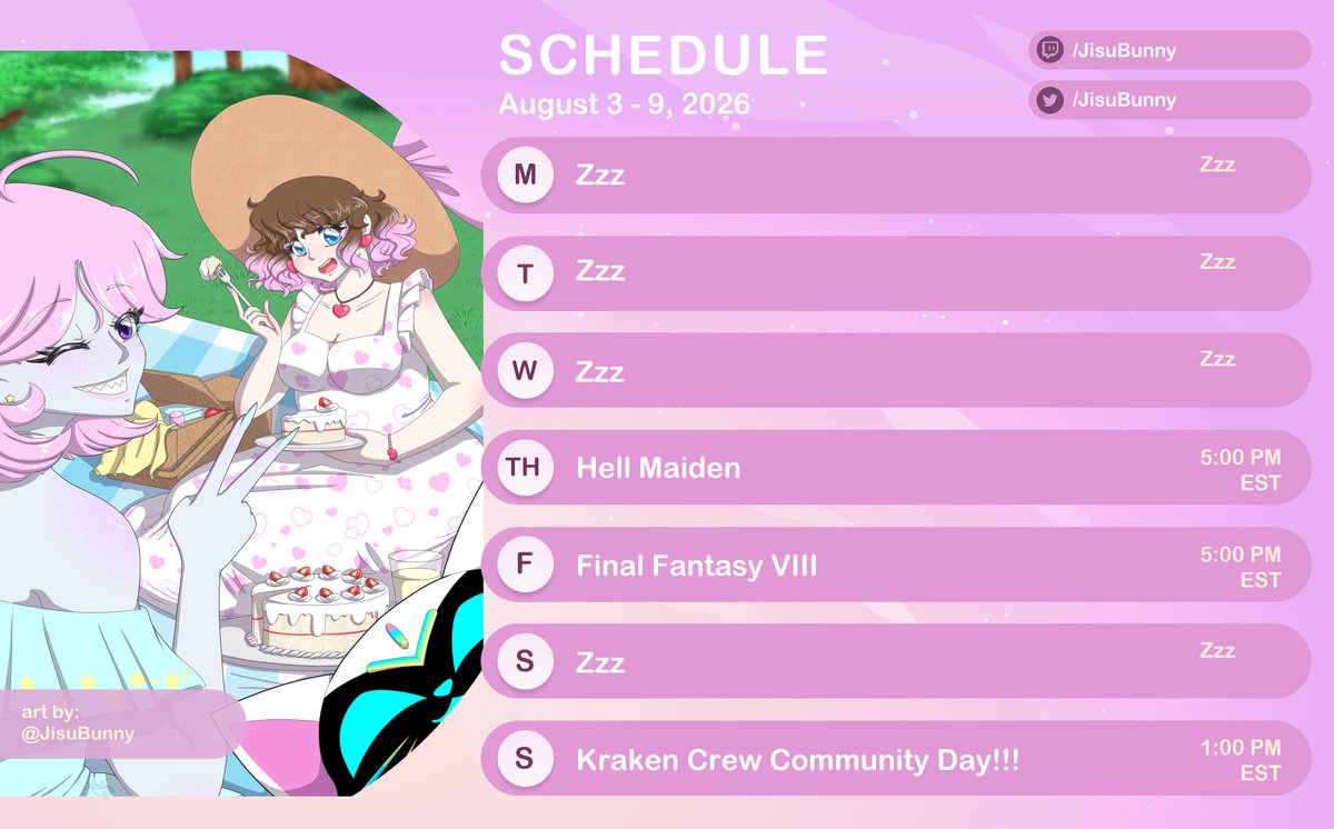 JisuBunny's tweet photo. ❤️~Weekly Schedule~❤️

❤️Thurs - Hell Maiden at 5 PM EST
❤️Fri - Final Fantasy VIII at 5 PM EST 
❤️Sun - Kraken Crew Community Day!! at 1 PM EST

Hope to see you there❤️ https://t.co/ZpIvPDlTg7