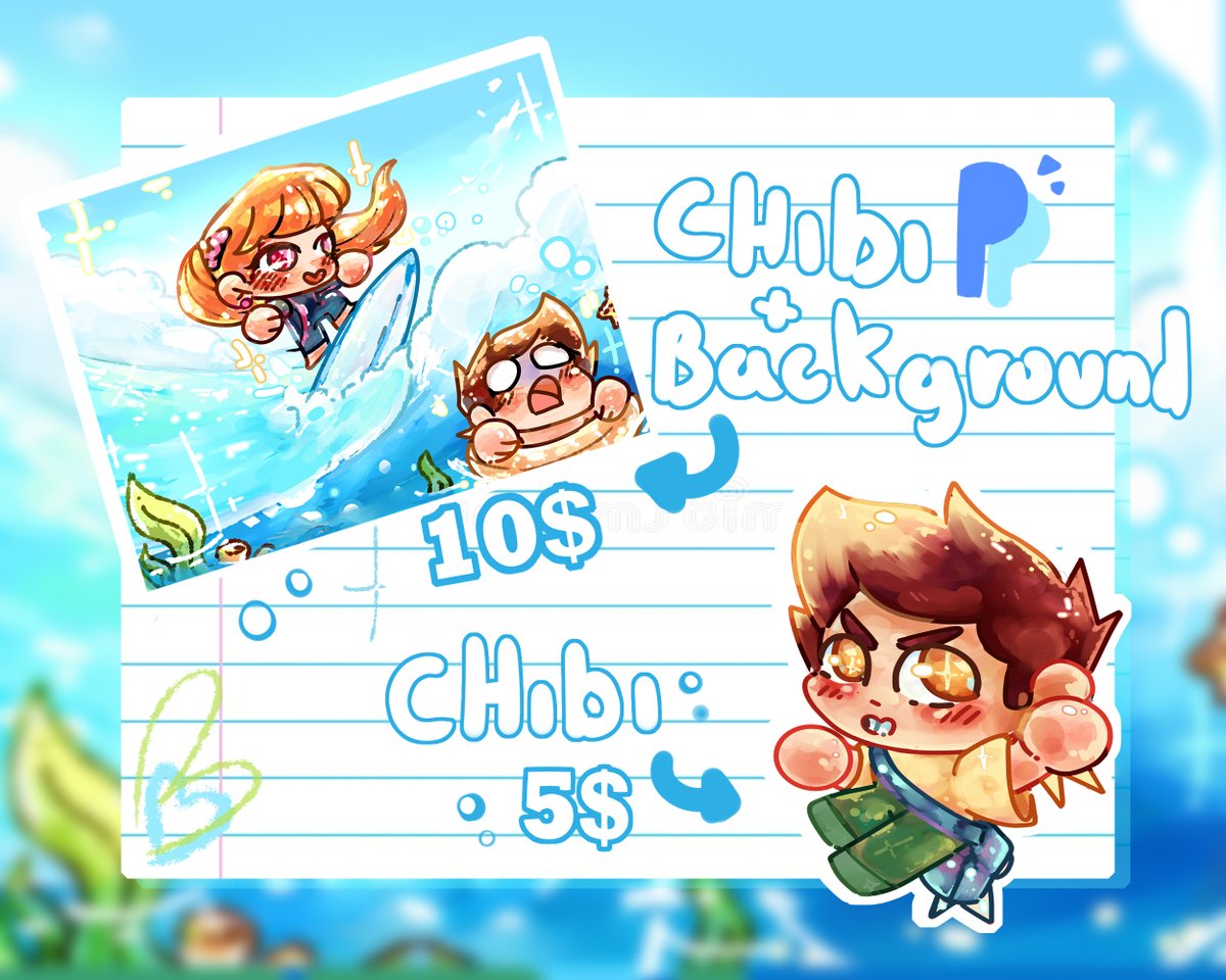 AbelBlue5's tweet photo. 🌊Summer #Comissions Open! 🌊

💙---Paymetod ---> PayPal 💙

Chibi-5$🧊

Chibi + Background - 10$🧊

Full body- 9$☀️

Full body +  Background - 14$☀️

Digital sticker pack- 15$🌴
 -6 custom chibis
  -Png single format
   - Printable A4, PDF 

 Ych - 5$ 🌴
#artㅤㅤㅤㅤ https://t.co/rACX5XxZpF
