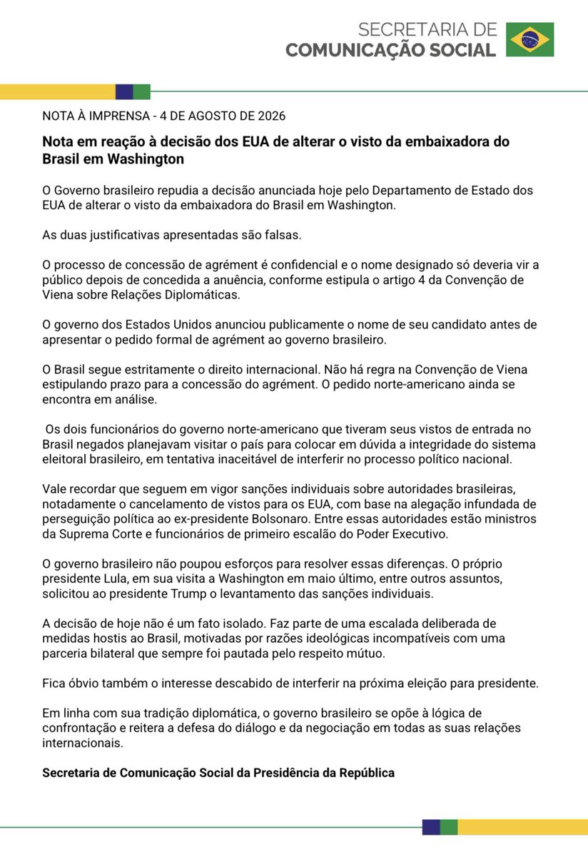 SamPancher's tweet photo. Dura nota do governo do Brasil:

- Diz que o pedido de agreement norte-americano ainda se encontra em análise.

- Confirma que seguem em vigor os cancelamentos de vistos de autoridades brasileiras, inclusive ministros do STF, apesar dos pedidos de Lula a Trump para o fim dessas sanções.

- Que os dois funcionários do governo Trump tiveram seus vistos negados pois  colocariam em dúvida a integridade do sistema eleitoral.

Diz também que a decisão de hoje “faz parte de uma escalada deliberada de
medidas hostis ao Brasil” e que “fica óbvio também o interesse descabido de interferir na próxima eleição para presidente.”