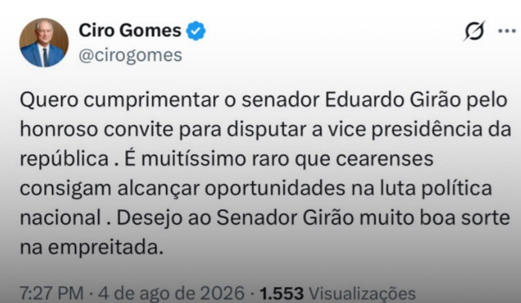 EleicaoBr2026's tweet photo. ▶️VEJA: Ciro Gomes parabeniza Girão por convite para vice-presidência

O ex-governador do Ceará cumprimentou o senador Eduardo Girão pelo convite para disputar a vice-presidência da República ao lado de Romeu Zema, destacando que é raro cearenses alcançarem oportunidades na política nacional. Ciro desejou boa sorte ao senador na empreitada.