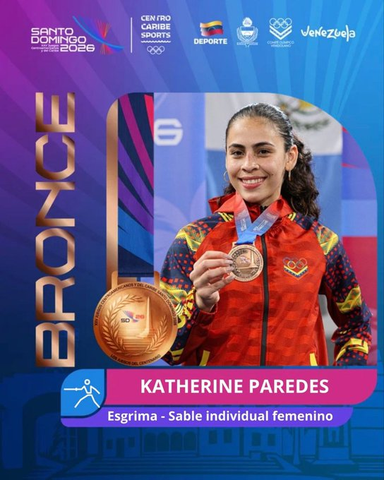 ReporteYa's tweet photo. #5Ago #Venezuela #SantoDomingo2026 #Esgrima
Katherine Paredes conquistó la medalla de bronce para Venezuela en sable individual femenino en los Juegos Centroamericanos y del Caribe Santo Domingo 2026, tras disputar la semifinal ante Gabriela Hwang, de Puerto Rico. – Comité Olímpico Venezolano