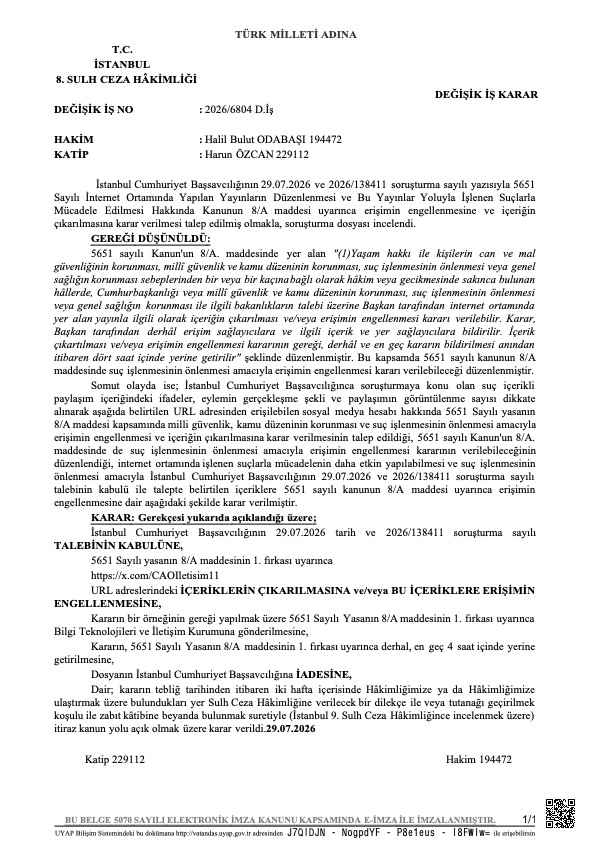 GlobalAffairs's tweet photo. X received an order to restrict access in Türkiye to the official Presidential Candidacy Office account of the now-detained Mayor of Istanbul. Although Türkiye’s laws force us to comply with the order, we are challenging the order in court and, in the spirit of full transparency, are sharing the court order.

This follows the similar order we received and complied with in May 2025 restricting access in Türkiye to a related account belonging to the Mayor. At that time we also issued a public statement via this account, expressed our strong disagreement, challenged the order in court, and shared the court order. Our challenge against this order remains pending before the Constitutional Court, awaiting a decision following our recent legal filings.

These orders require X to block content in Türkiye that is available in the rest of the world. Not complying with these orders can trigger severe sanctions, including throttling of the entire platform in Türkiye. X challenges these orders in court because we believe keeping the platform accessible in Türkiye is vital to supporting freedom of expression and access to information.

X will continue legally challenging requests to remove content in Türkiye and around the world when those requests do not align with principles of free expression, due process, or other local laws.

Istanbul 8th Criminal Judgeship of Peace 2026/6804