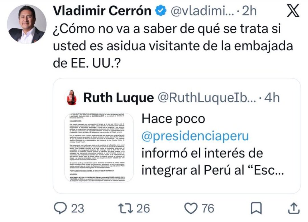 ChavezGerzy's tweet photo. ¡Te hablan @RuthLuqueIbarra! 
¿Te vas a quedar calladita otra vez? 
¿Cómo esa vez que @vladimir_cerron manifestó que hubo una reunión clandestina en tu casa con Vela?
Parece que Cerrón te calla la boca cuando quiere. https://t.co/67MFpsaW1x