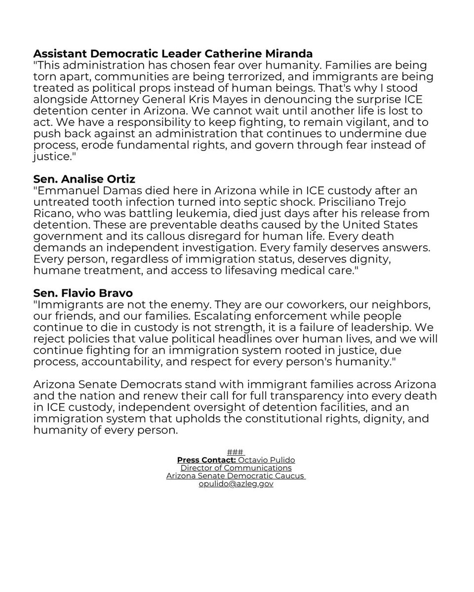 AZSenateDems's tweet photo. 🚨 PRESS RELEASE: The Trump administration has created a dangerous pattern: aggressive immigration raids, reports of medical neglect, and deaths in ICE custody. Arizona Senate Democrats are demanding immediate accountability and an end to policies that put human lives at risk.

#Democrats #Senate #AZleg #immigration #ICE