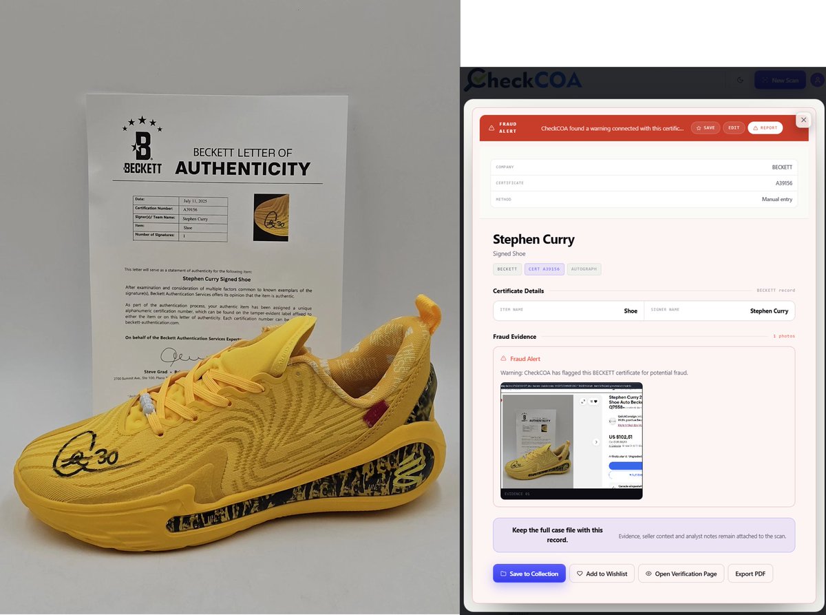 CheckCOA's tweet photo. Every certificate number from the QuickConsign investigation is now indexed in the CheckCOA Fraud Alert Database.

32 @beckettcollect  certificates.

 $30,000+ in reported sales.
 Multiple certificate numbers reused across different sellers.

Every record includes supporting evidence so collectors can verify before they buy.

Verify before you trust.

🔎 https://t.co/N7fm1V9Uri