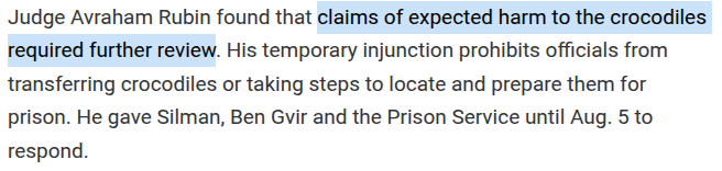 chrisbrunet's tweet photo. Yes, we are attempting to feed Palestinians to crocodiles. Yes, we already dug the moats and purchased the crocodiles. 

But the court didn’t temporarily stop us because the crocodiles might “get sick.” Technically, the judge ruled it "might harm the crocodiles."

checkmate, goy https://t.co/o6XmKYYW0g
