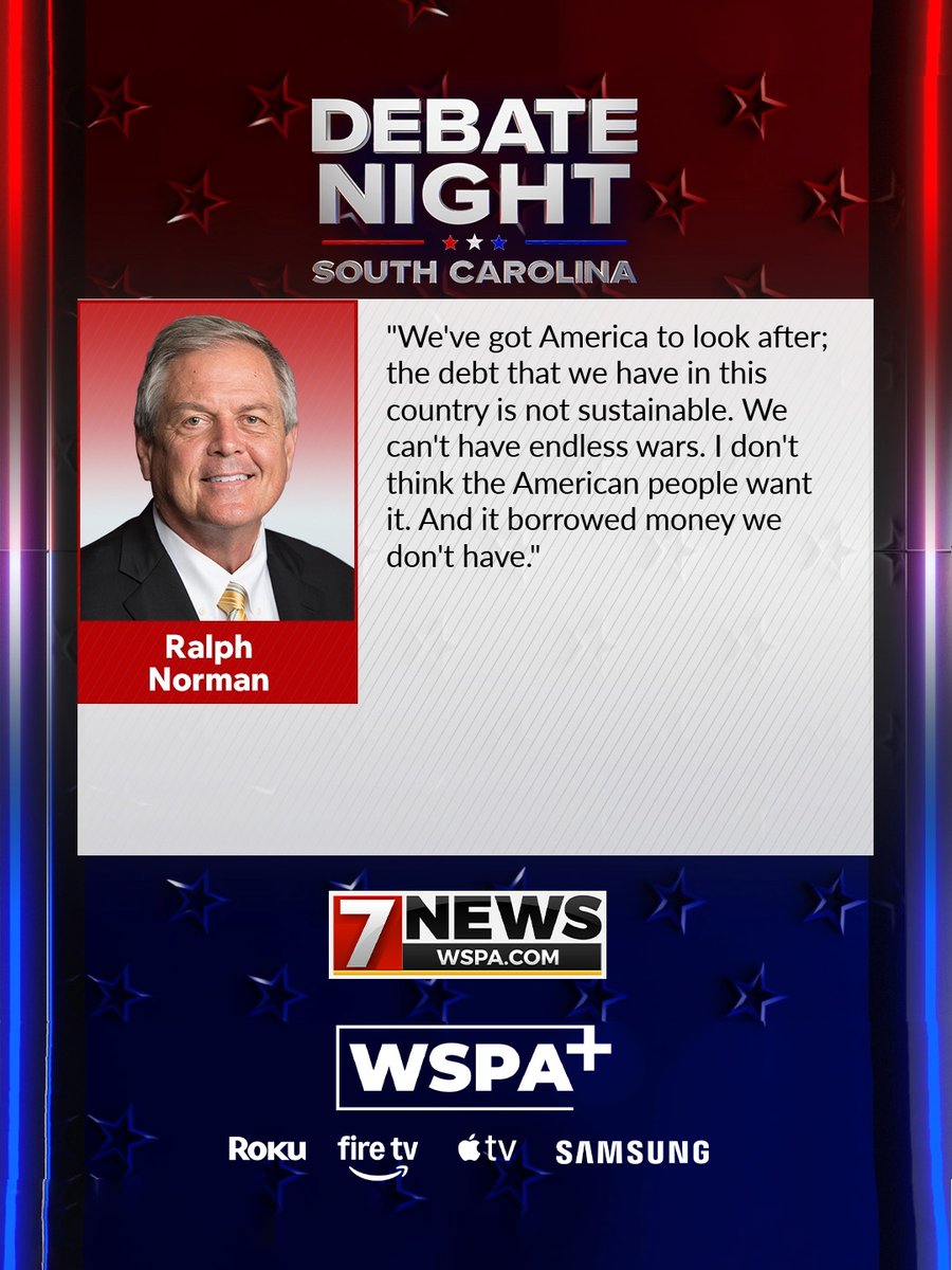WSPA7's tweet photo. Quotes from U.S. Representatives @RepRussellFry and @RepRalphNorman from the #SCSenDebate. #WSPA
https://t.co/FHmIwv1JBk https://t.co/O5W4Mxnmqo