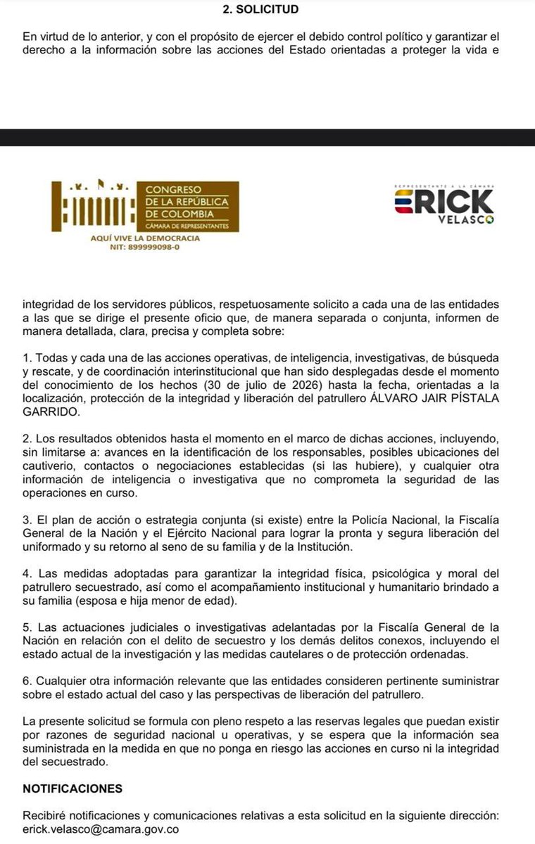 eravelasco's tweet photo. Le solicité a la @FiscaliaCol, al @mindefensa y a la @PoliciaColombia que me informen todas las medidas tomadas para garantizar la vida y la libertad del agente de Policía Álvaro Jair Pístala Garrido, quien fue retenido en el municipio de Policarpa. 

Envío mi saludo solidario a la familia de Álvaro Jair y exijo su liberación y el respeto pleno por su integridad; Nariño no cesará su clamor por la paz y el derecho a vivir sin miedo.@PactoCol