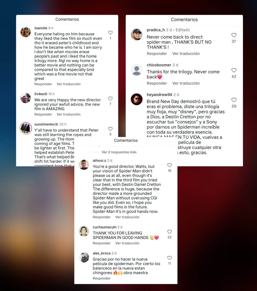 COTM_2's tweet photo. Todos los comentarios del Instagram de Jon Watts son de gente diciéndole que jamás regrese a dirigir a Spider-Man https://t.co/jGjcZv6f3z