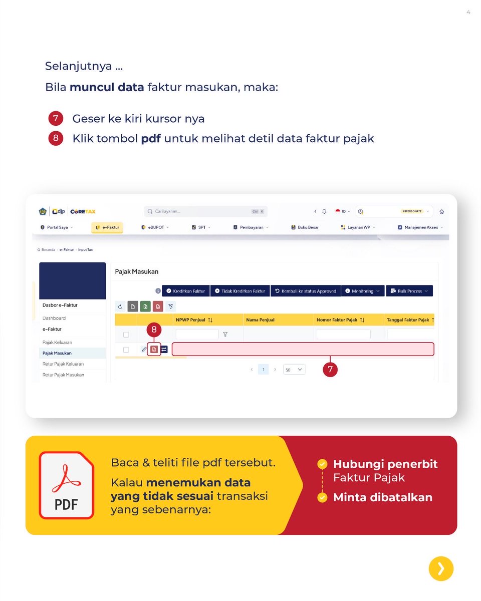 DitjenPajakRI's tweet photo. Kok ada faktur pajak atas nama saya, padahal saya nggak pernah transaksi?🤔

#KawanPajak, Sekarang data faktur pajak dan bukti potong pajak sudah terintegrasi di Coretax DJP, sehingga kamu bisa mengecek sendiri apakah data yang tercatat sudah sesuai dengan transaksi yang sebenarnya.

Jika menemukan data yang tidak sesuai, jangan panik. Hubungi penerbit faktur atau bukti potong tersebut dan minta untuk dibatalkan. Jika tidak dapat diselesaikan, kamu juga bisa menyampaikan pengaduan melalui kanal pengaduan DJP.

Yuk, cek data perpajakanmu secara berkala😁 Karena mencegah selalu lebih baik daripada memperbaiki