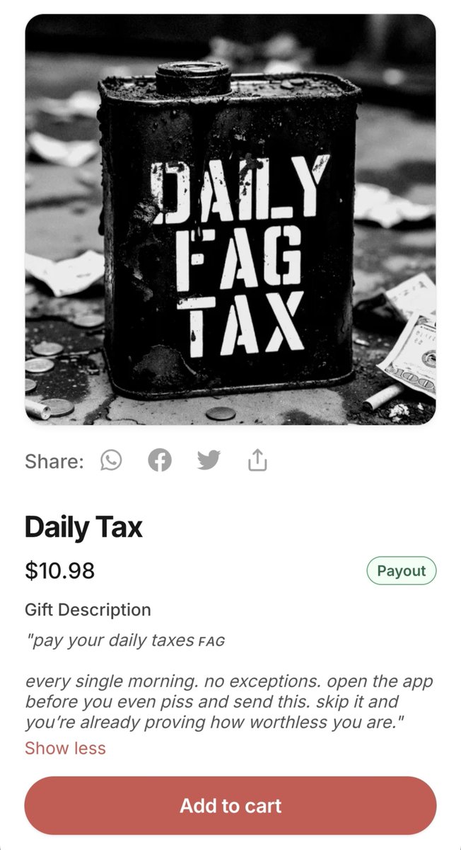 ur_cashmaster's tweet photo. if your daily f@g tax isn’t paid yet you’re already late

I don’t care what fucking excuse you have

open the link in bio and fix it

move f@ggot https://t.co/SfOegIo4jU