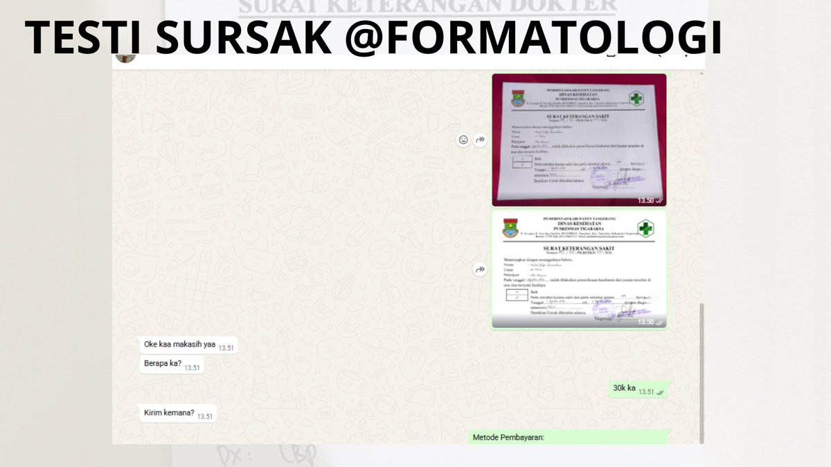 formatologi's tweet photo. Yang need surat sakit dokter, bebas req klinik/puskesmas/rs mana aja 15 menitan jadi yu 🥰

🔮Ada cap basah free foto print kertasnya
🖊 Ada ttd lengkap juga

wa di bio aja guys  #zonauang https://t.co/tsfQrvauZg