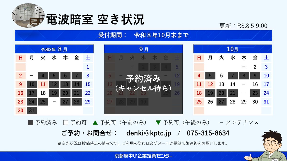 kptc_denki's tweet photo. 【電波暗室 予約受付中】
現在、10月末までのご予約を受け付けています。 ご利用の際は、メールまたはお電話にて事前のご予約をお願いいたします。 皆さまのご利用をお待ちしております。
▼機器詳細
https://t.co/WEf6FnkBry
#EMC #電波暗室 #京都府 https://t.co/Z5KovER84l