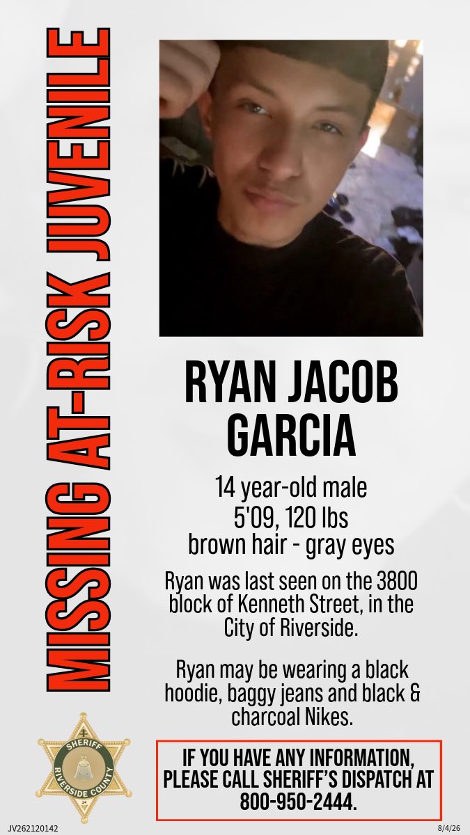 RSO's tweet photo. At-Risk #MissingJuvenile- Ryan Jacob Garcia 

If you have any information on Ryan’s
whereabouts, please contact RSO dispatch at 800-950-2444. 

Thank you. https://t.co/L3sqs0w6Tk