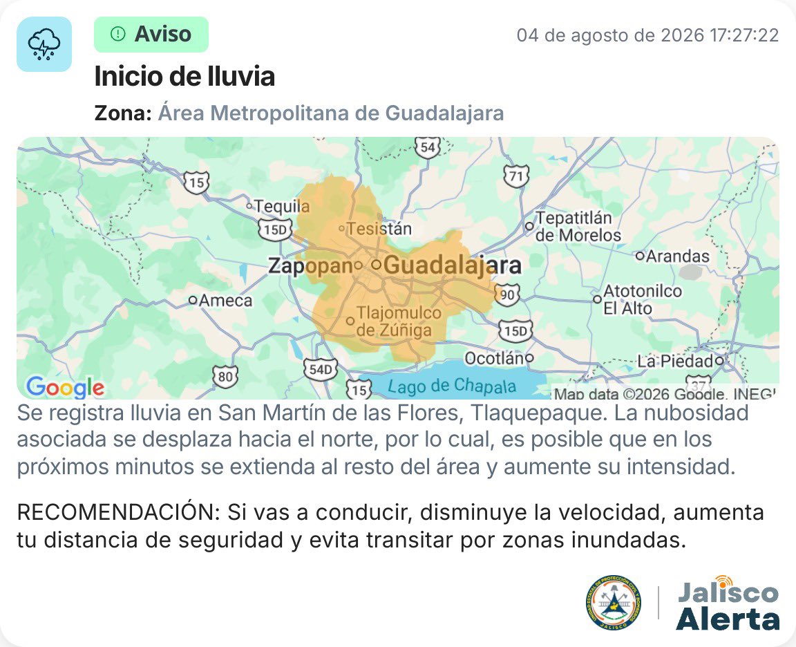 PCJalisco's tweet photo. 🌧️ Aviso | Inicio de lluvia en el Área Metropolitana de Guadalajara

Se registra lluvia en San Martín de las Flores, Tlaquepaque, con una nubosidad que se desplaza hacia el norte, por lo que en los próximos minutos podría extenderse al resto del Área Metropolitana de Guadalajara y aumentar su intensidad.

🚗 Si vas a conducir:
• Disminuye la velocidad.
• Mantén una mayor distancia de seguridad.
• Evita transitar por zonas inundadas.

⚠️ Mantente informado y sigue atento a las actualizaciones de Jalisco Alerta para conocer la evolución de las condiciones meteorológicas.