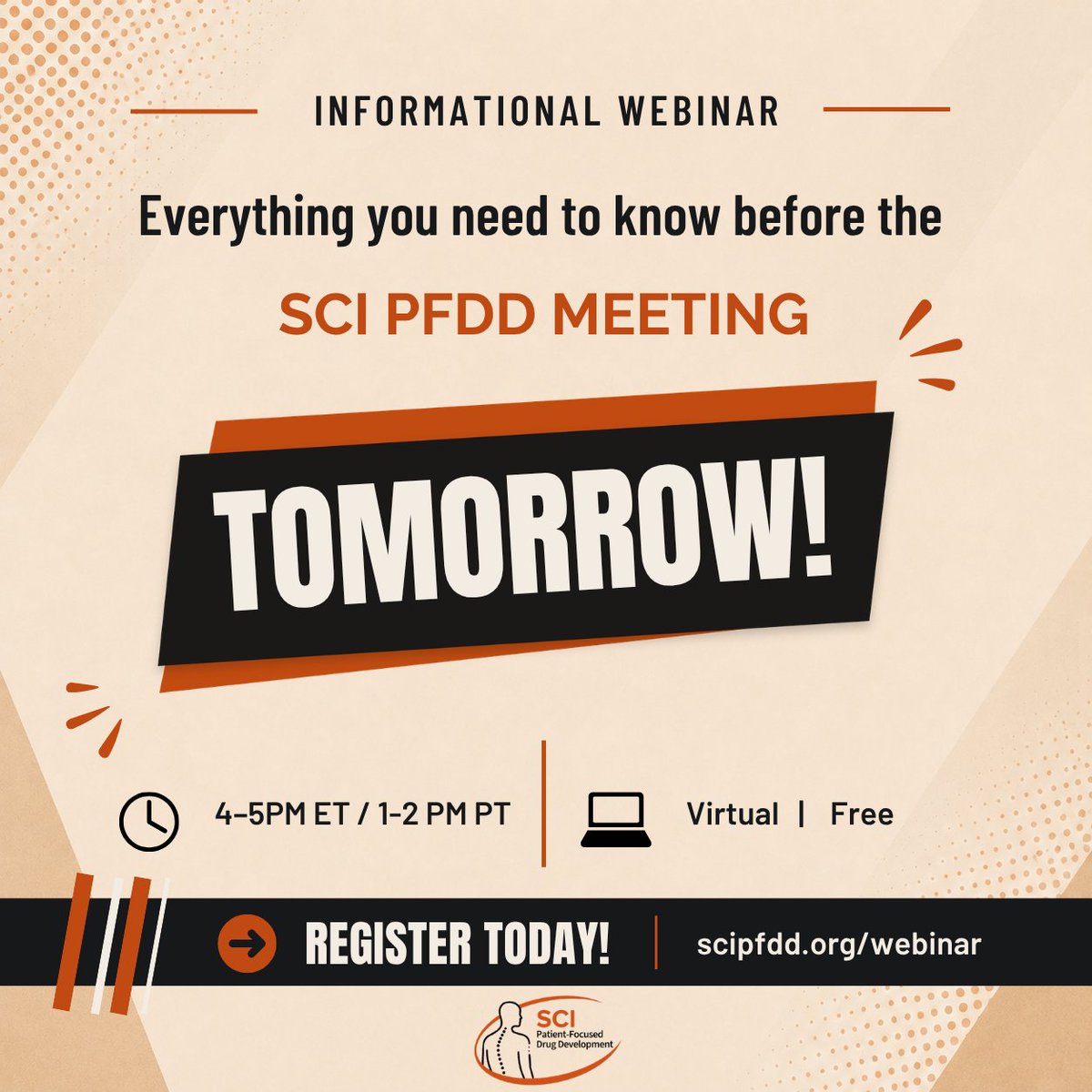 NASCIC1's tweet photo. Reminder! Our FREE SCI Patient-Focused Drug Development info webinar is tomorrow. Learn what to expect, why it matters, and how your voice can help shape the future of SCI treatments.

🕓 4–5 PM ET | 💻 Virtual
Register: https://t.co/LiPHpc0nmQ

#SpinalCordInjury #SCI #PFDD https://t.co/4ZDYhxBhnF