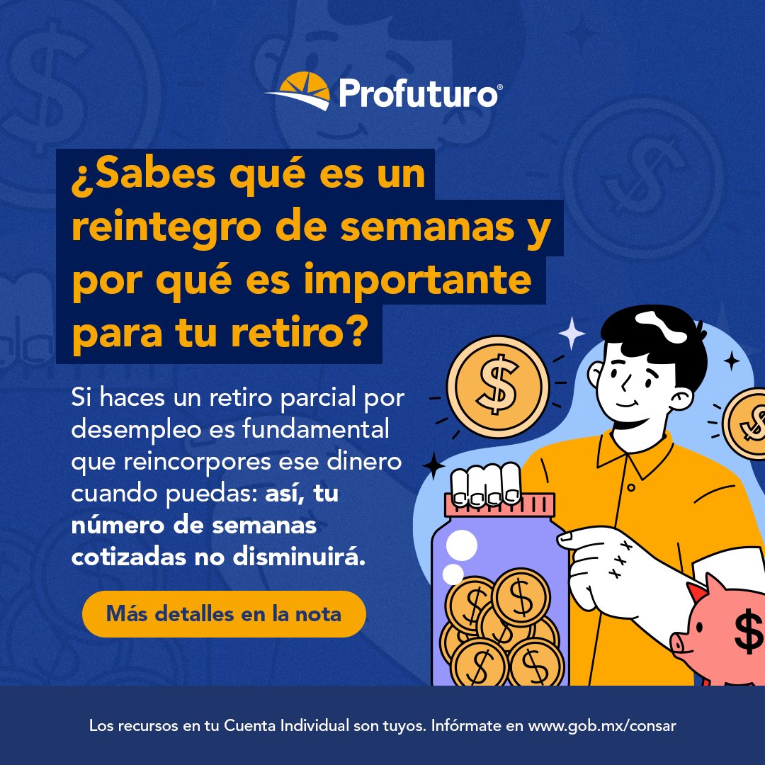 ProfuturoMX's tweet photo. Tu número de semanas cotizadas importa más de lo que imaginas 💡: cuando haces un retiro por desempleo éstas disminuyen y puede modificar el monto que recibirás al momento de pensionarte 🤔. Conoce más sobre esto en la nota: https://t.co/s67WVnC2Wl https://t.co/N4fHWpnJPF