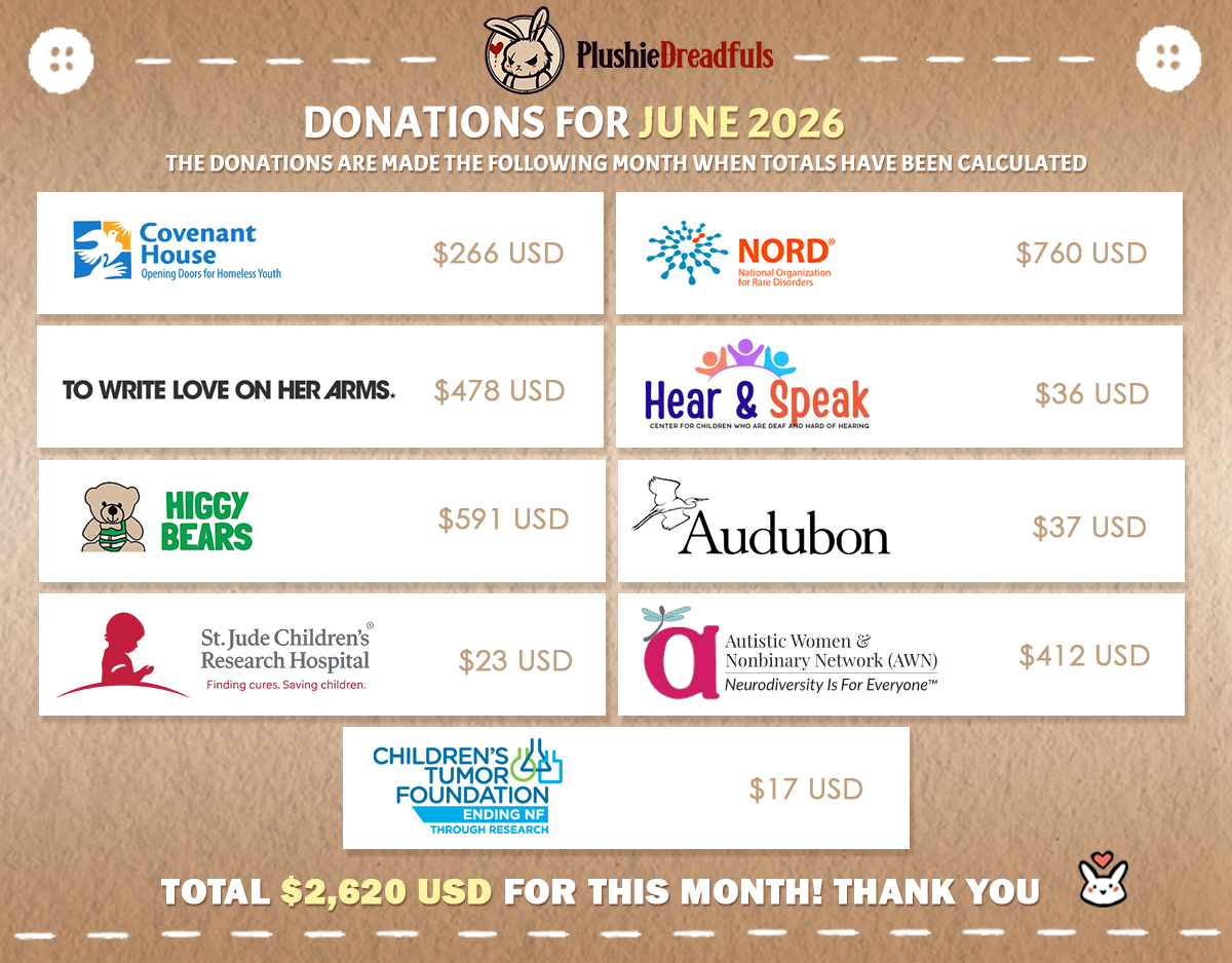 PlushieDreadful's tweet photo. We donated $2,620 USD for June 2026!

This monthly donation goes to:

-NORD | National Organization for Rare Disorders
Covenant House | Opening Doors for Homeless Youth
-TWLOHA: To Write Love On Her Arms | Mental Health Support and Suicide Prevention
-Higgy Bears | Special bears for scoliosis patients
-St. Jude Children's Research Hospital | Childhood cancer and pediatric diseases
-National Audubon Society | Conservation of birds and their habitats
-Hear & Speak | Center for children who are deaf and hard of hearing
-Autistic Women & Nonbinary Network (AWN) | Disability justice, gender & racial equity, neurodiversity & trans liberation
-Children's Tumor Foundation | Research, expand knowledge, and advance care for the NF community

Thank you so much to The Plushie Dreadfuls community for making this possible ❤️