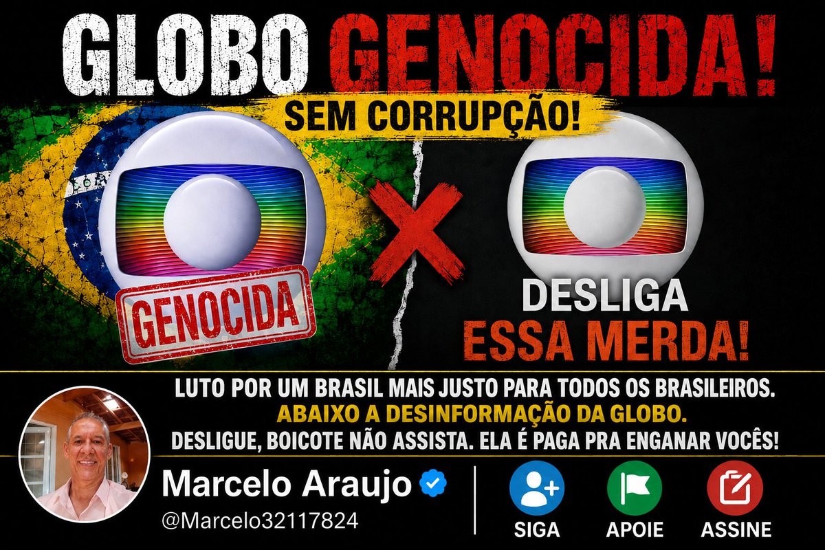 Marcelo32117824's tweet photo. 🚨🚨🇧🇷 NÃO SE CALE: CAMPANHA CONTRA A GLOBO - CHEGOU A HORA DE DAR UM BASTA. O BRASIL MERECE RESPEITO 🇧🇷🚨

📢 O POVO TEM VOZ‼️

👎 GLOBO EM XEQUE: 

ATÉ QUANDO OS BRASILEIROS VÃO ACEITAR ISSO❓️

👉 SIGA @Marcelo32117824 • APOIE • ASSINE. 

🙌 AJUDE A AMPLIAR ESSA MENSAGEM‼️ https://t.co/9E0ZCScgR2