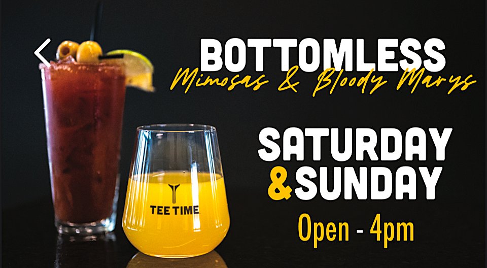 PlayTeeTime's tweet photo. Never-Ending Mimosas &amp; Bloody Marys at TeeTime... as simple &amp; as perfect as it sounds!  

It's what we call our BOTTOMLESS WEEKENDS. Join us every Saturday &amp; Sunday, from open until 4:00 p.m., and discover a little extra weekend joy at TeeTime.  Cheers! 

https://t.co/ExXOEIYfpq https://t.co/By3lE1frnc