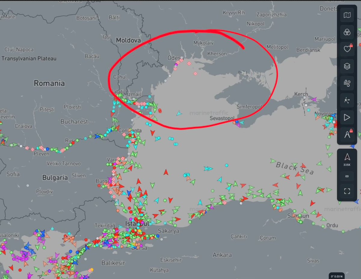 AlternatNews's tweet photo. Ukraine shipping crashed. 

The light grey area is the Black Sea. The circled area is Ukrainian waters. Not a ship moving there. 

It was a stupid idea to attack Russian ships. Russia is shooting back. https://t.co/b7kF8kpuBX