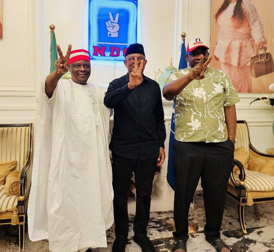 SaifullahiHon's tweet photo. His Excellency Sen. @KwankwasoRM PhD, FNSE, alongside His Excellency Mr. @PeterObi, tonight held a special meeting with the National Leader of the NDC, His Excellency Sen. Henry Seriake Dickson, at his residence in Guzape, Abuja. https://t.co/JQ99zu0arV