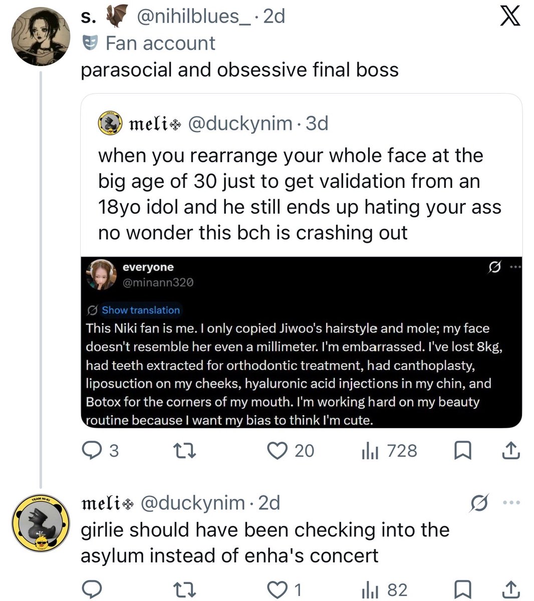 yaallahhelp360's tweet photo. @jaeyuntuned @duckynim meli you are such a hypocrite and an evil person you were front line bullying @sweeter_nk directly calling her names and insulting and making lies about her and you personally told her to fuck herself up. And you coward instead of apologizing now deleted your tweets https://t.co/0sozXOT6XD