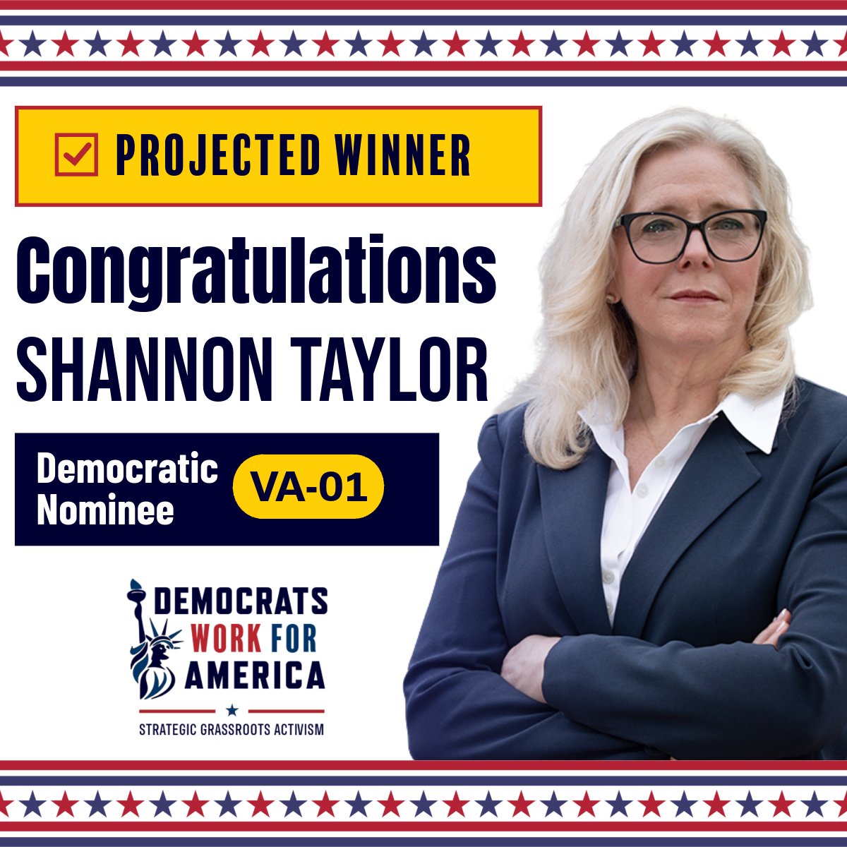 DemsWork4USA's tweet photo. Congratulations SHANNON TAYLOR on winning the Democratic nomination for #VA01! Let's win this! https://t.co/rSDveG7e29