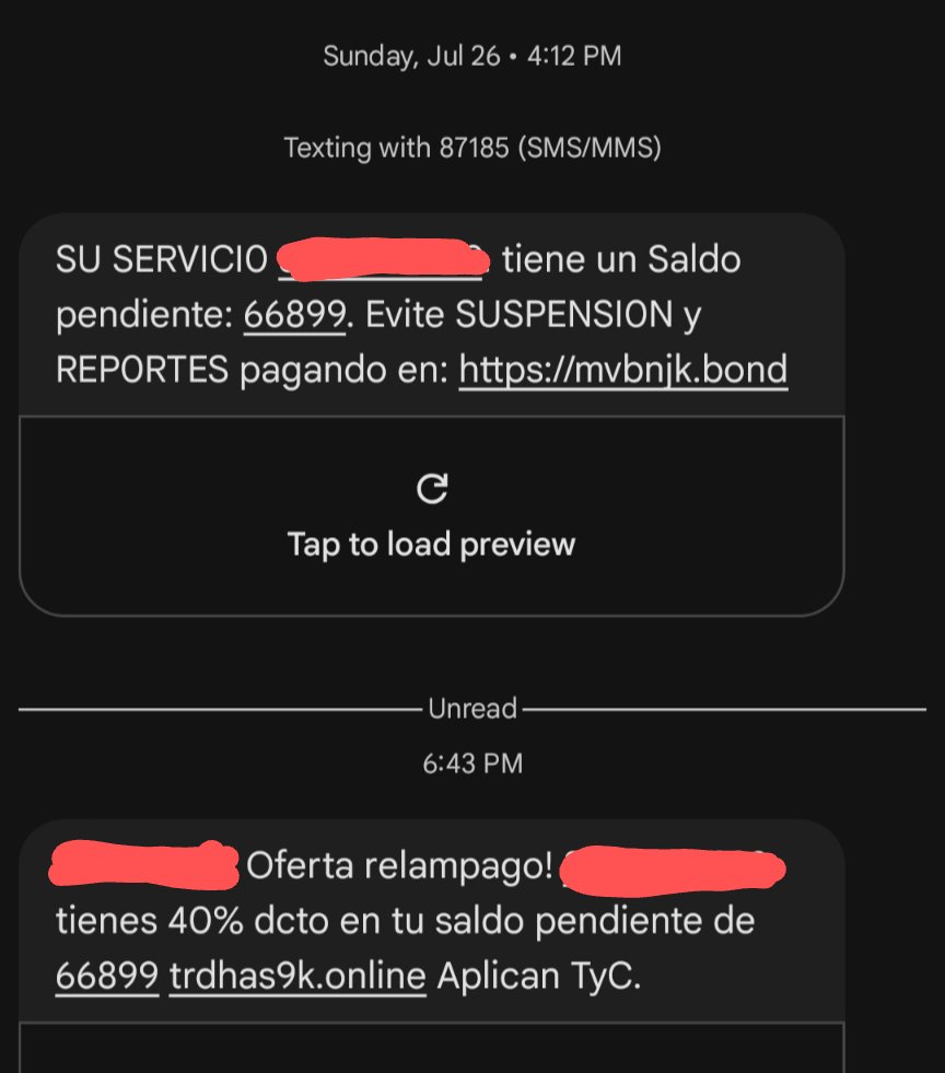 ing_juani7a's tweet photo. ⚠️ ATENCIÓN 
Están enviando SMS maliciosos desde el 87185.
@CRCteresponde @CaiVirtual @colCERT @crccol
Esa gente tiene una base de datos con información de @MovistarCo y me pregunto: quién controla esos números?

Q hacer? Ya saben, lo usual: no hacer clic.

Dejo las URL para los manitas creativas 😉
