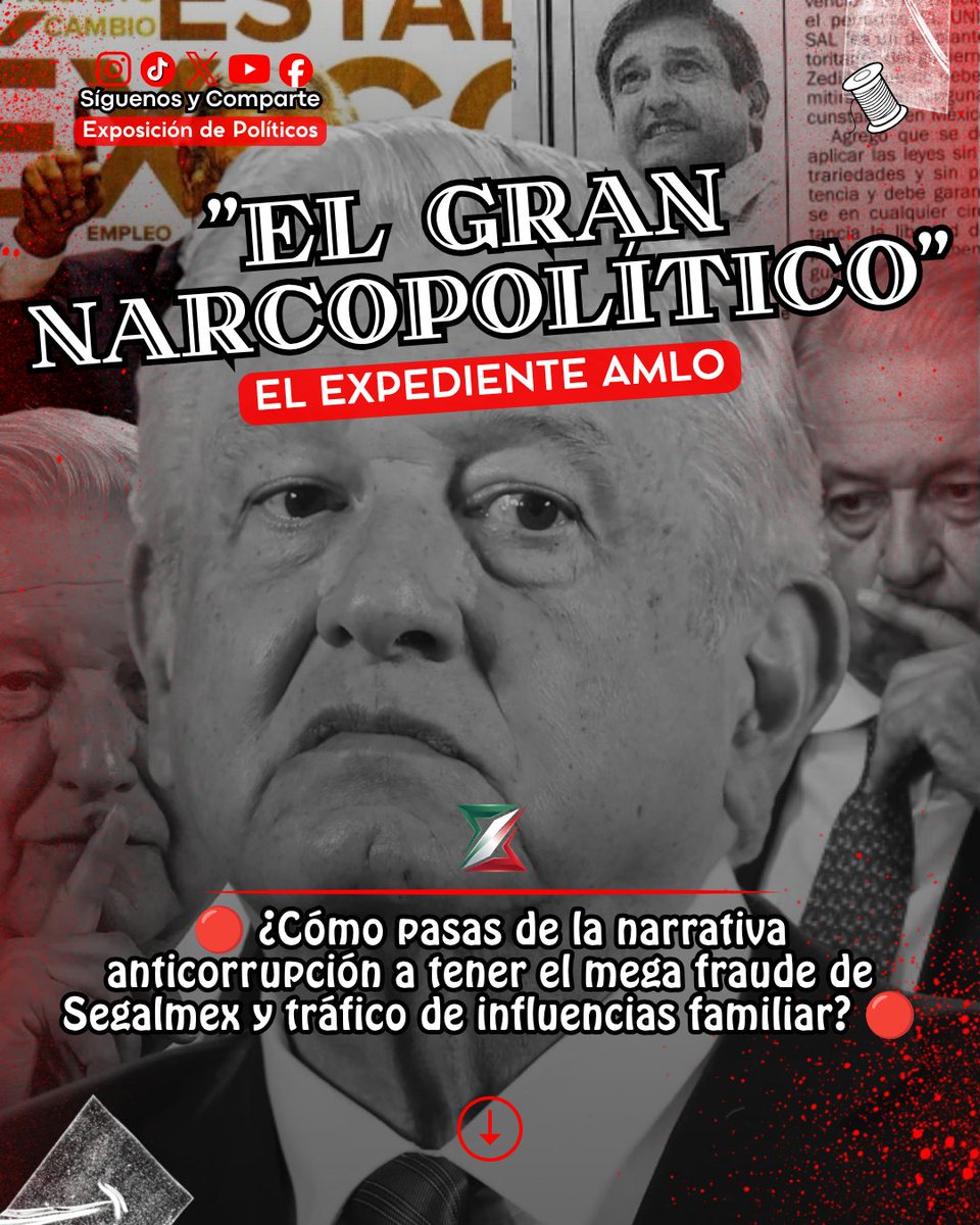 politicazmx's tweet photo. #EXPOSICIÓNDEPOLÍTICOS | 🔴 AMLO "EL GRAN NARCOPOLÍTICO": IMPUNIDAD Y CINISMO.
¿De la austeridad republicana a la impunidad familiar? El discurso anticorrupción se desmorona cuando revisas los números. 

Mientras nos piden apretarnos el cinturón, la realidad es un descaro total. El fraude en Segalmex supera los 15,300 millones de pesos, operado presuntamente mediante empresas fantasma. ¿El responsable, Ignacio Ovalle? Protegido y reubicado en otra dependencia sin pisar un juzgado. Es cinismo puro.

Y si miramos al círculo cero, la opulencia brilla: la Casa Gris en Houston vinculada a contratistas de Pemex, y los audios de "El Clan", donde los amigos más cercanos (como Amílcar Olán) presumen contratos millonarios a sobreprecio para obras como el Tren Maya.

A esto súmale el reporte de agencias extranjeras sobre presuntos apoyos de grupos delictivos en la campaña del 2006. Aunque lo nieguen y ataquen a los periodistas que los cuestionan, las carpetas, los audios y los contratos están ahí. 

⚠️ El escrutinio no es "propaganda", es nuestro derecho. La transparencia se exige, no se mendiga.

¿Hasta cuándo vamos a tolerar que la cercanía con el poder sea un escudo para saquear al país?

ABRIMOS HILO VISUAL 🧵👇