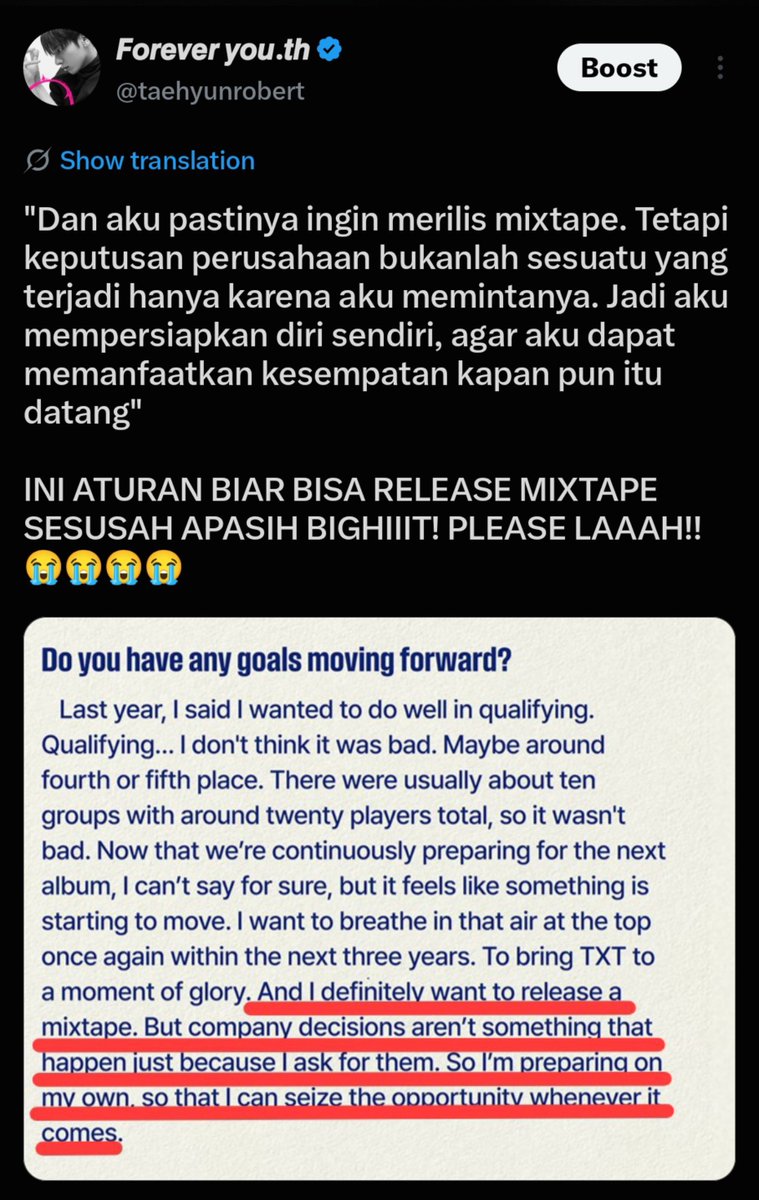 taehyunrobert's tweet photo. 🤣🤣 gini gini

Pertama, udah pada tau ya kalau truck itu kiriman akgae, jadi harusnya sampai sini komentar kebencian ke satu member itu salah. Pokoknya nyalahain member manapun itu SALAH.

Kedua, untuk debut mixtape atau debut solo itu gak semudah bilang "Bighit, aku mau debut mixtape juga" GAK GITU YA WAHAI SAUDARA-SAUDARA! Banyak pertimbangan yang harus dipikir. Akupun sebagai solomon juga pengen banget Taehyun debut mixtape tapi dia sendiri juga sudah bilang kalau buat dapat ijin dan karya dia diterima itu SUSAH. Kemarin Hueningkai juga ada bilang kalau kemungkinan dia debut mixtape itu ada tapi jangan disangka itu mixtape bakal ada dalam waktu dekat 😭 Yeonjun aja mikirin soal debut album mixtape udah dari era SRR bahkan mungkin sebelumnya.

fyi, lagu Happy Fools harusnya masuk ke mixtape Yeonjun tapi gak jadi karena gak cocok sama konsep mixtape dia dan akhirnya jadi masuk ke album TXT. Dan dramanya pun pasti sama, Yeonjun pasti sempat kena tolak juga berkali-kali sampai akhirnya berhasil dan keluarlah mixtape GGUM.

Semua itu butuh proses ya saudara-saudara.

Ketiga, bilang member lain gak ada schedule atau schedule member lain gak sebanding dengan Yeonjun itu sama dengan gak menghargai usaha member lain yang lagi jalanin schedule mereka sekarang dan gak menghargai usaha Yeonjun buat proyek album solo dia sekarang. Aku paham kok kekecewaannya ada di bagian promosi schedule member lain yang kurang tapi dengan menyudutkan satu member juga gak akan merubah apa-apa. Yang ada bukannya fokus bantu push schedule member lain kitanya malah sibuk nyalahin satu sama lain. Lagian Yeonjun kan proyeknya Album solo yang menurutku memang harus di push untuk sekarang. Akun resmi TXT aja fotonya album Yeonjun yang artinya fokus utama sekarang memang di Yeonjun. Menurutku member lain juga bisa sambil istirahat sebelum comeback album Japan dan bakal ada comeback album korea lagi DAN PASTINYA BAKAL ADA TOUR LAGI dalam waktu dekat jadi STOP KOMEN SEOLAH MEREKA PENGANGGURAN. Mereka semua itu lagi sibuk garap schedule masing-masing dan schedule group. Yeonjun kelihatan aktif banget itu karena YA MEMANG DIA YANG LAGI COMEBACK ALBUM. 

Btw disini aku marahin yang nyalahin member ya, kalau ada yang protes ke agensi ya silahkan. Tapi dipikir dulu kata-katanya, jangan sampai menyudutkan satu member. 

Keempat, tolong lah jangan gampang kemakan berita kompor yang memang kalian tau tuh akun gak bener 😑 kalaupun isi di komentar itu non moa yang sok tau ya udah! Cukup sampai mereka! yang beneran moa gak usah ikut-ikut!

Dah sekian, terimakasih.