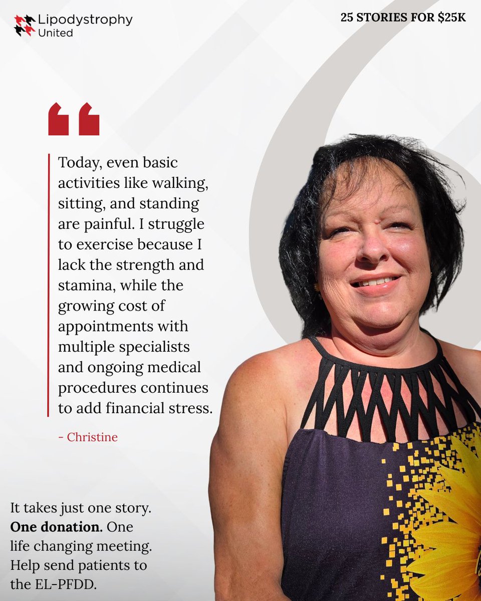LipodystrophyLU's tweet photo. 25 Stories for $25K | Story 10: Christine
After 43 years, Christine had to give up the life she loved because of lipodystrophy. Help us raise $25K to bring more patients to the EL-PFDD. 💙
Donate: https://t.co/UKNo6BBEhJ 

#25StoriesFor25K #ELPFDD https://t.co/U88NwmNdc3
