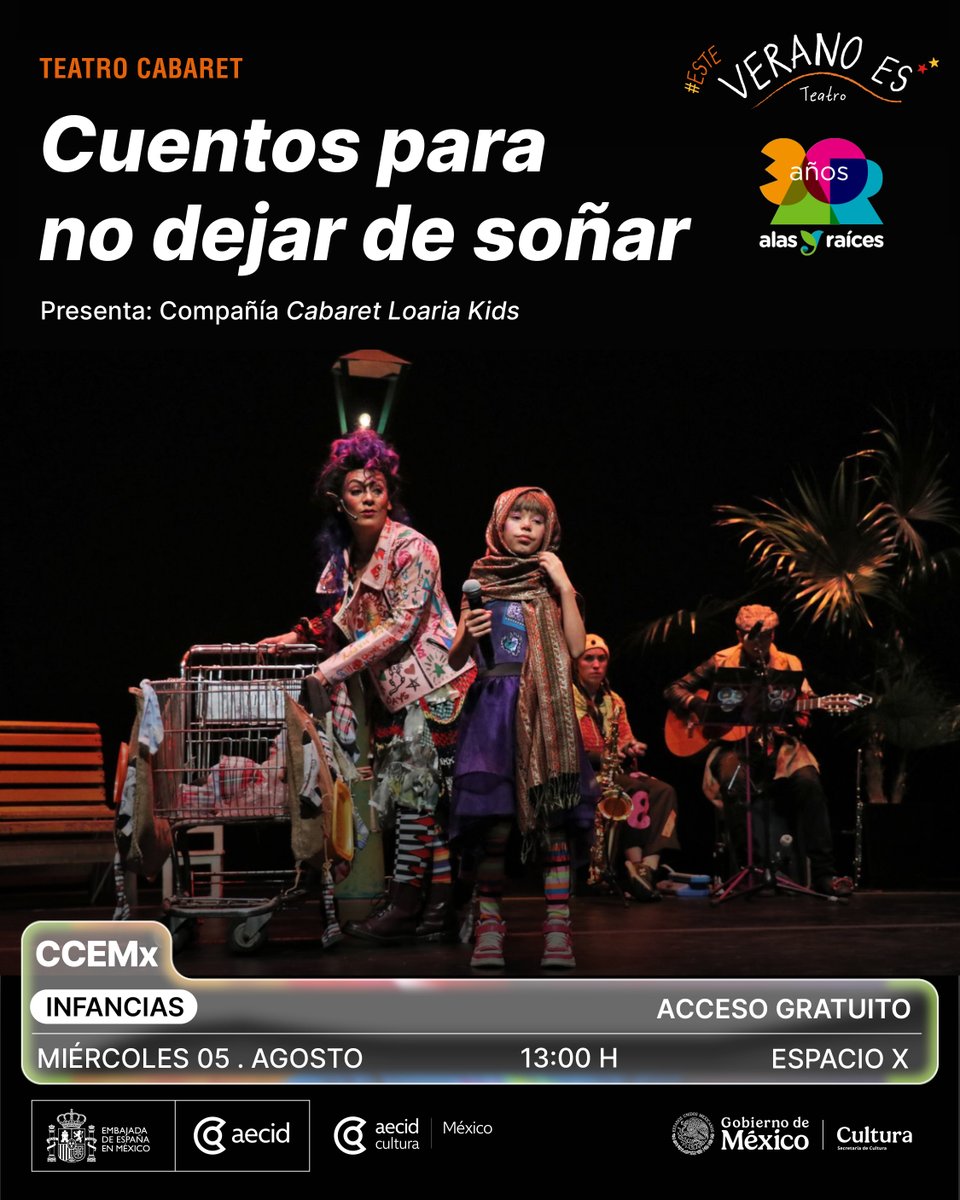 ccemx's tweet photo. 🎭 𝐂𝐮𝐞𝐧𝐭𝐨𝐬 𝐩𝐚𝐫𝐚 𝐧𝐨 𝐝𝐞𝐣𝐚𝐫 𝐝𝐞 𝐬𝐨𝐧̃𝐚𝐫 es un espectáculo de teatro cabaret para niñas y niños a partir de 5 años, donde la música, el humor y la narración oral nos llevan a conocer a personas que cambiaron el mundo atreviéndose a romper estereotipos.

💜 Una función para disfrutar en familia y conversar sobre la diversidad, los derechos de las infancias y el valor de creer en un mundo más justo.

🎪 Presenta: Cabaret Loaria Kids.

📆Miércoles 5 de agosto | 13:00 h
📍 CCEMx | República de Guatemala 18, Centro Histórico, CDMX
🎟️ Entrada libre | Cupo limitado
🔗 https://t.co/9Q43uYBKMf

@AlasyRaices @taloaria @pueblopez 

#EsteVeranoEs_Escénicas