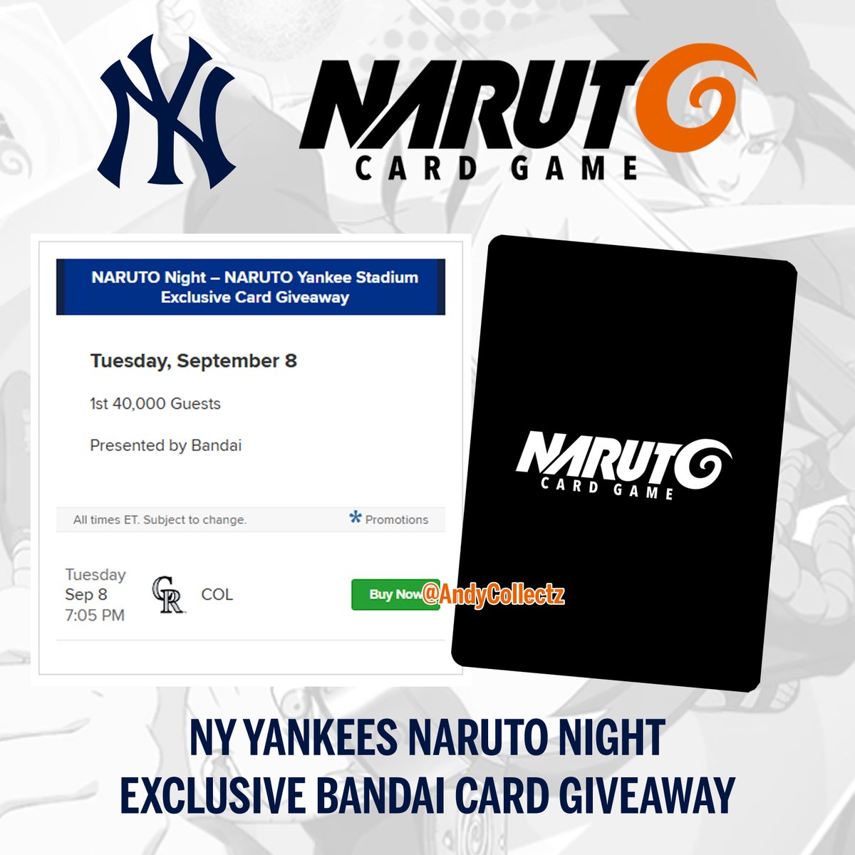 AndyCollectz's tweet photo. Bandai Naruto TCG x @Yankees Game Night is confirmed! ⚾️🥷🏻

The amount of cards has also been updated:
Previous: 18,000
New: 40,000 https://t.co/7vZ6lcj8ep