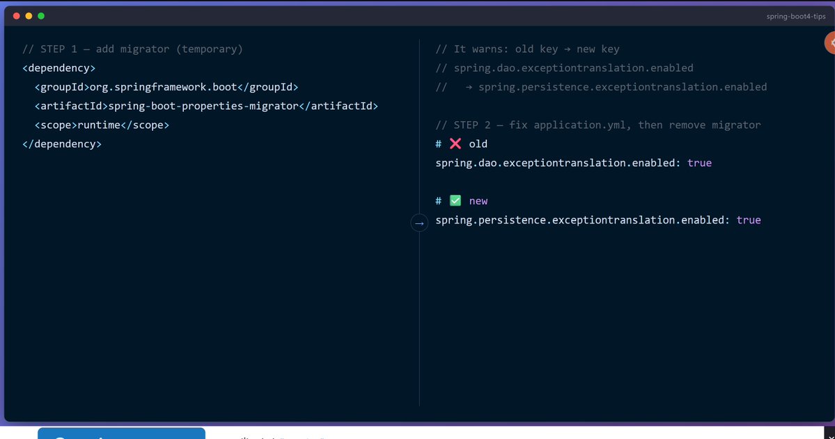mario_casari's tweet photo. π‘ Spring Boot 4: To move config keys, use properties-migrator as a temporary guide.
β
Add startup and logs tell you which keys are deprecated
β
Update the keys, then delete the dependency
#SpringBoot4 #Migration https://t.co/eLGUEKOSgb