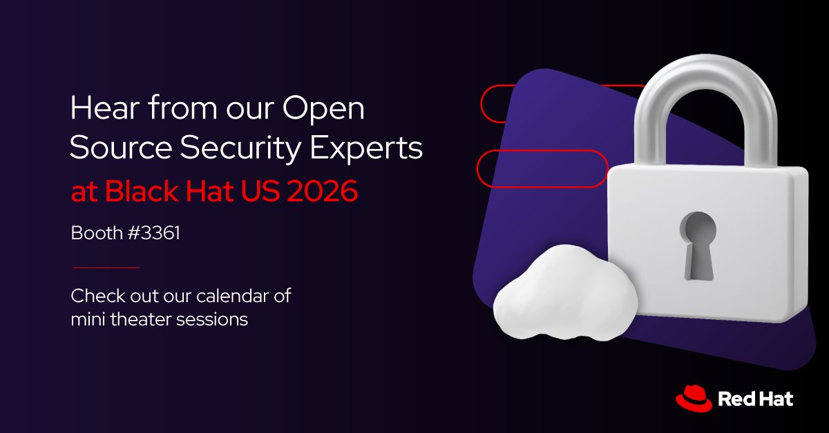 RedHatEvents's tweet photo. We're ready to connect with you at booth #3361 at @BlackHatEvents! Check out our mini theater schedule to hear what topics our experts will be diving into: #BHUSA https://t.co/zh2Wp2Fsj1 https://t.co/r13JCRa48Q