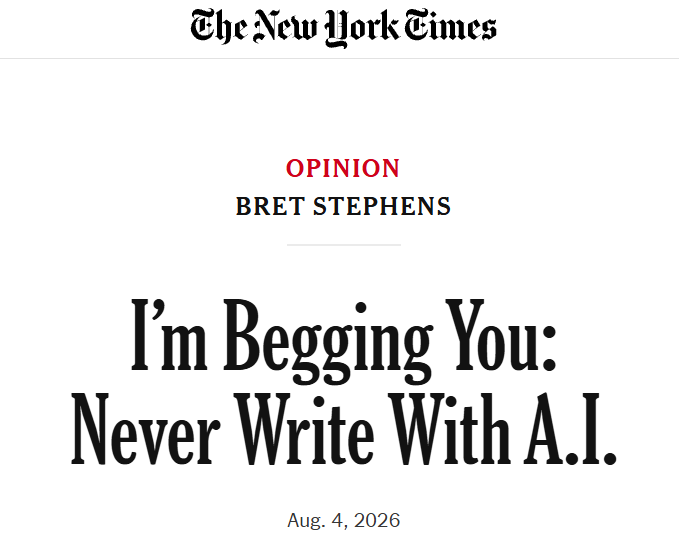 ac_palmer's tweet photo. Must-read article for anyone whose job involves *thinking*

https://t.co/88ezsrjMgz

"The problem with writing with A.I. is that it’s mentally enfeebling...
What, uniquely, does writing do? ... It compels thinking in ways that silent contemplation or spoken language rarely can." https://t.co/6Ow7teTtuq