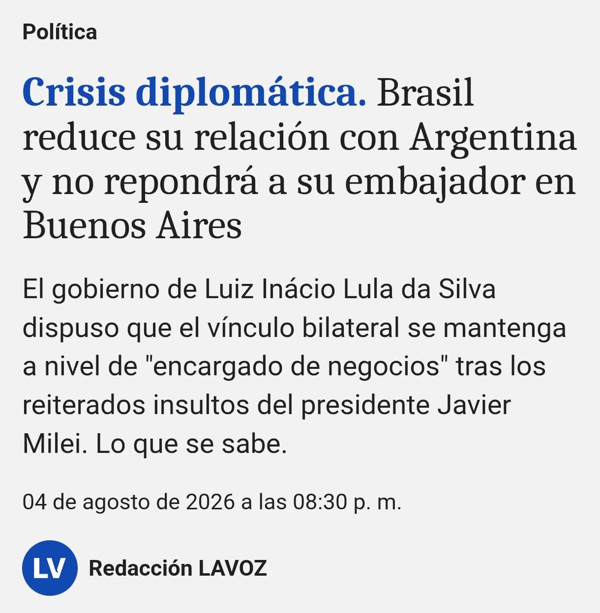 gerpmartinez's tweet photo. Milei nos está llevando a una crisis sin precedentes en la relación con Brasil.

Basta de locuras. Urge reponer la sensatez política.

Y en este marco, algunos le quieren dar los votos en el Senado para extranjerizar las tierras argentinas.

No están midiendo las consecuencias. https://t.co/ix2uKXqacP