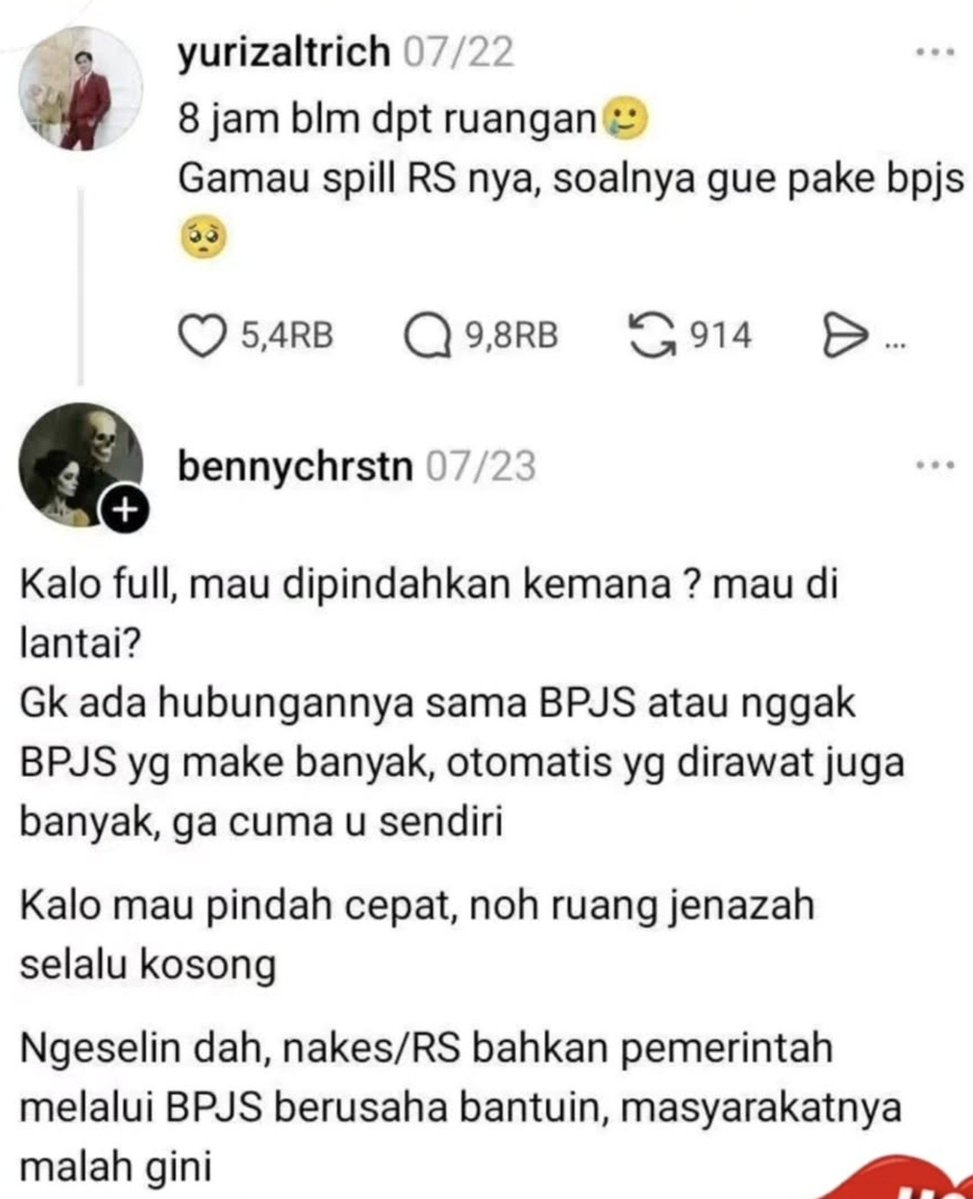 profesor_saham's tweet photo. Akhirnya ada klarifikasi gak pakai baju putih

Dokter yang menghina pasien BPJS meminta maaf atas ketikannya dithreads 

Pasien itupun meninggal setelah lebih 8 jam tidak mendapatkan ruangan di rs, dan sesuai kata dokternya ia pun masuk ke ruangan jenazah 💔💔 https://t.co/43ow1gF9NW