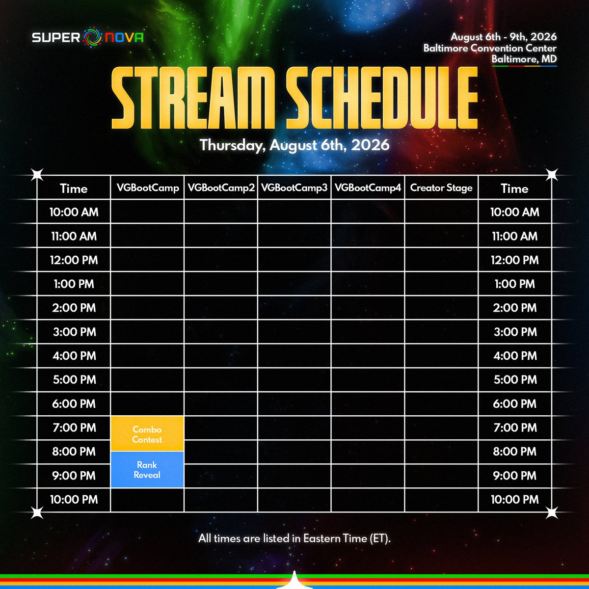 SuperSmashCon's tweet photo. Had a few minor changes in the stream schedule.

Here is your updated Supernova 2026 Stream Schedule! https://t.co/YnLHIUL94N