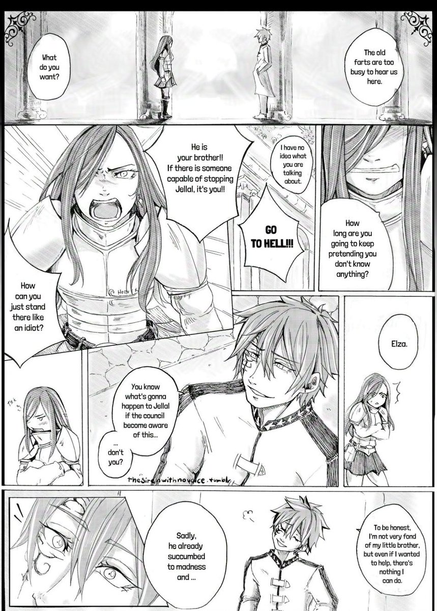 Tsirenwhnovoice's tweet photo. A short doujinshi that has been lingering in my drafts for like a year because I was very insecure with the idea. Good or not, now it's alive *Victor screaming*
(4/5)
(Reminder eng is not my 1º language, so the dialogue might be very clumsy, sorry)

#jerza #ジェラエル #fairytail https://t.co/xrHgG1Q5oC