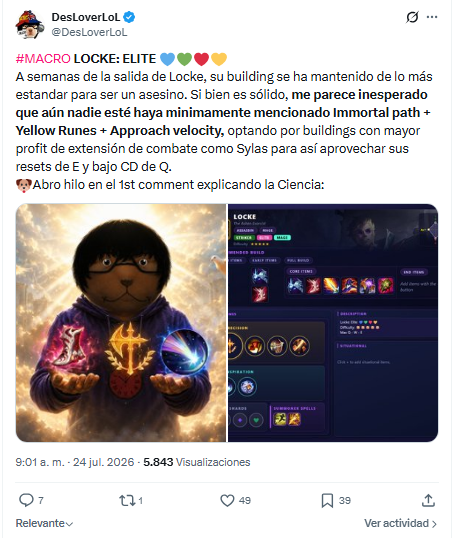 DesLoverLoL's tweet photo. 🐶 Otro #MACRO más a mi CV. 
Panthasm (rank 1 EUW +4000 LP) llegó a la misma conclusión que estuve consolidando el mes pasado sobre Locke Elite. Mientras gente se quedó estancada en "sólo es asesino".
Yo insistía en que el champ tenía playstyle destacable por:
- Proc rápido y fácil de conqueror (además de profit el Hard Scale de AP que tiene su Q) Como caso Pantheon usando w para conqueror stacking y finishear con su Q.
- Bajo CD en Q mientras se busque spamear hits al hilo (permitiendote así buclearla para generar spacing gracias a su slow). Como si fueras Talon sin CD en su pasiva.
- Alta movilidad que combina perfecto para hacer spacing. Como si fueras Taliyah bailando con la Q. 
Todo esto me llevó a encontrarle semejanza de playstyle con Sylas, y concluyendo así en su building.
https://t.co/NE6B1sqfWJ