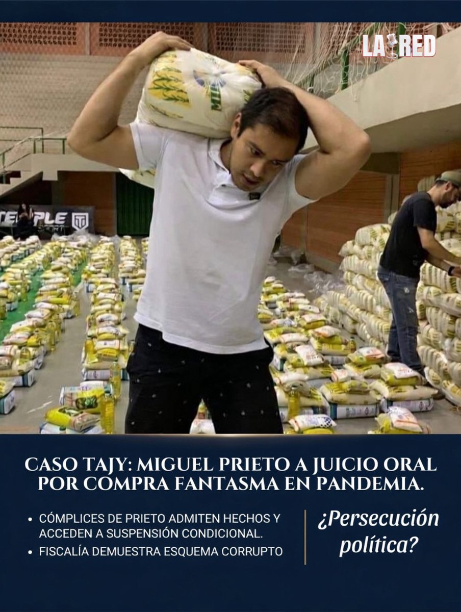 LaRed_Py's tweet photo. ¿PERSECUCIÓN POLÍTICA? 🧐

Durante meses Miguel Prieto dijo que todo era un "invento para sacarlo de la cancha". 

Pero la justicia es terca. Y los hechos pesan más que el discurso.

Hoy en el Caso Tajy - la compra fantasma de Gs. 306 millones en plena pandemia - 
3 de sus “cómplices” decidieron reconocer los hechos ante la justicia:

📌 Maggi Elizabeth Fariña Almada
📌 Nelson Alexis Segovia Acevedo  
📌 Cirle Elizabeth Alcaraz Ramírez

Los 3 se acogieron a la suspensión condicional del procedimiento.

🗣️ Cuando tus propios compañeros admiten que el esquema existió, el libreto de la "persecución política" se cae.
