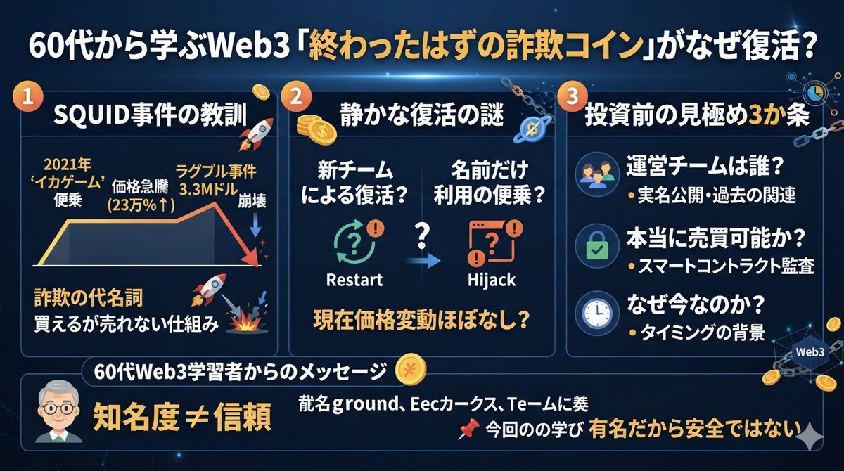 shigeru135's tweet photo. 一度「完全に終わった」と言われた仮想通貨が、また静かに名前を見せ始めています。

でも今回注目したいのは価格ではありません。

「なぜ一度"詐欺の代名詞"になった名前が、再び市場に現れるのか？」

60代からWeb3を学んでいる私が、この出来事から感じたことを初心者目線でまとめます。

2021年、世界中で大ヒットしたドラマ『イカゲーム』。

その人気に便乗するように登場したのが「SQUID」という仮想通貨でした。

公式プロジェクトのような印象を与える名前もあり、多くの人が購入。

価格はわずか数日で約23万％という異常な上昇を記録しました。

ところが、その直後に事件が起きます。

運営が資金を持ち逃げする「ラグプル」。

約330万ドル（当時約3億6,000万円）が引き抜かれ、価格は一瞬で崩壊。

さらに恐ろしかったのは、

「買えるのに売れない」

という仕組みが最初から組み込まれていたことです。

この事件は今でも、仮想通貨史上でも有名な詐欺の一つとして語られています。

そんなSQUIDの名前が、今また話題になっています。

しかも価格は24時間ほぼ変動ゼロ。

仮想通貨は通常、常に売買されて価格が動きます。

それなのに動かない。

だからこそ逆に気になります。

考えられる可能性は主に2つ。

✅ 過去を反省した新チームによる「復活プロジェクト」

または

✅ 有名な名前だけを利用した全く別のプロジェクト

どちらなのかは、慎重に調べなければ分かりません。

私がこうした「復活系プロジェクト」を見るときに確認するのは、この3つです。

① 運営チームは誰なのか

実名公開なのか。

過去の運営との関係はあるのか。

匿名だけなら慎重になります。

② 本当に自由に売買できる仕組みか

SQUID最大の問題は「売れないトークン」でした。

スマートコントラクトの監査や第三者によるオーディットがあるかも重要です。

③ なぜ今なのか

話題になった作品やニュースに合わせて名前だけ利用されるケースも少なくありません。

「タイミング」には必ず理由があります。

60代からWeb3を学び始めた私が一番強く感じるのは、

知名度と信頼は全く別物

ということです。

有名だから安心。

昔聞いたことがあるから安全。

これはWeb3では通用しません。

むしろ一度問題を起こした名前ほど、

「なぜまた出てきたのか？」

を疑うくらいでちょうどいいと思っています。

仮想通貨は情報を知っている人と知らない人の差が、とても大きい世界です。

だから私は価格よりも、

「背景」

「仕組み」

「誰が運営しているのか」

を調べることを大切にしています。

📌今回の学び

・有名な名前でも安心材料にはならない
・復活プロジェクトと便乗プロジェクトは見分ける必要がある
・投資前には「チーム・仕組み・タイミング」を確認する
・静かな動きほど冷静に情報収集することが重要
私はまだ勉強中ですが、一つずつ学びながらWeb3の世界を楽しんでいます。
皆さんは、こうした「復活系プロジェクト」が出てきたらどう判断しますか？
👀
「まず様子を見る派」
それとも
🔍「徹底的に調べてから判断する派」

ぜひコメントで教えてください。

※本投稿は情報提供を目的としており、特定の暗号資産への投資を推奨するものではありません。投資はご自身の判断と責任でお願いします。